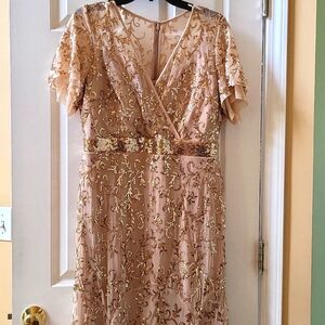 R&M Richards Gold Sequin Dress Gown Size 14P Petite Special Occasion Evening